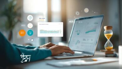 یک فرد در محیط کاری مدرن در حال کار با لپتاپ و بررسی داشبورد تحلیل داده و نمودارهای عملکرد تبلیغات است؛ کنار میز یک ساعت شنی دیده میشود که مفهوم زمان، بهینهسازی مداوم و تصمیمگیری دادهمحور را تداعی میکند.
