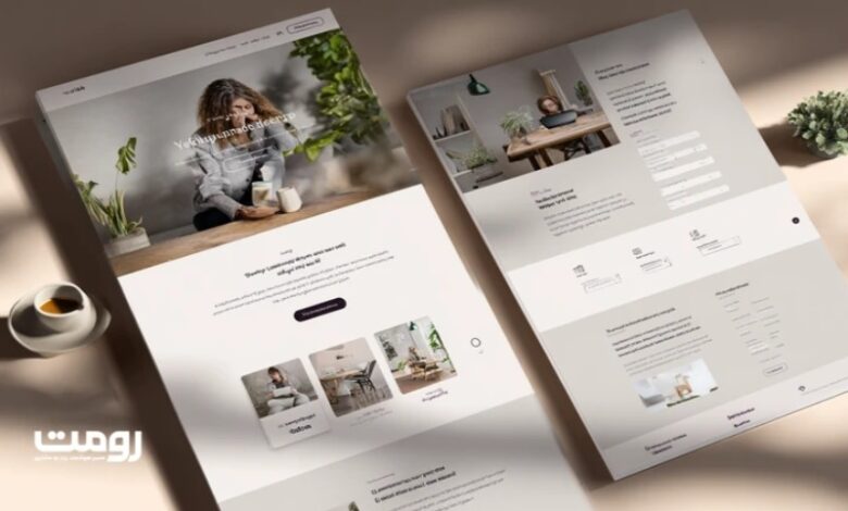 دو صفحه وب با چیدمان مینیمال روی سطحی روشن که ساختار محتوا، سلسلهمراتب بصری و خوانایی در طراحی تجربه کاربری را نمایش میدهد.